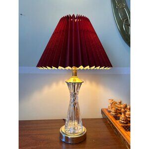 Mid Century Cut Crystal and Gold Table Lamp w/Pleated Shade